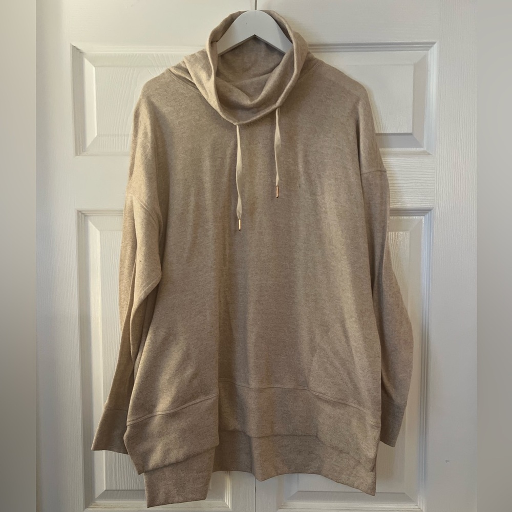 Beige Sweater with Drawstring Cowl Collar